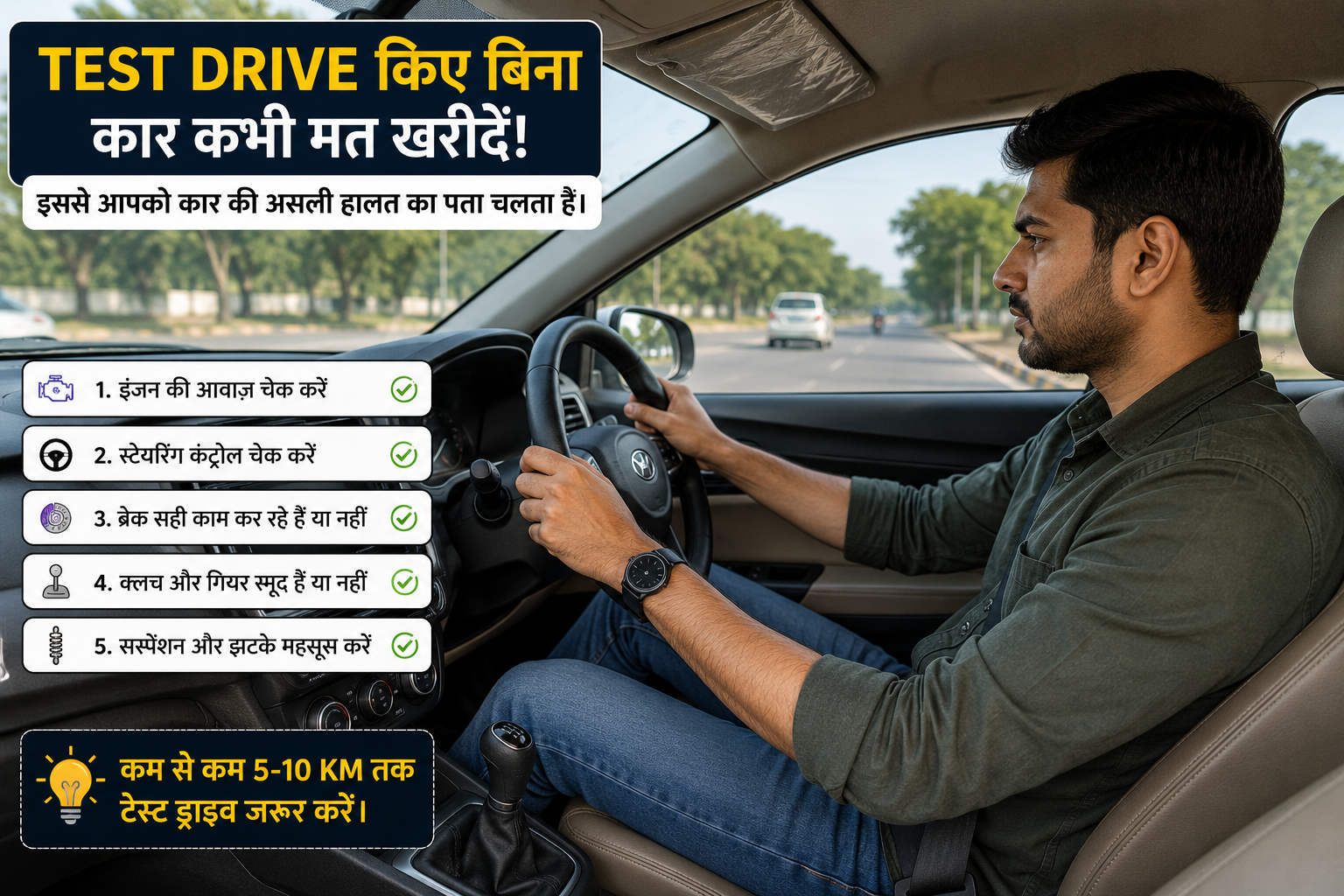 Second hand car की test drive करते हुए buyer