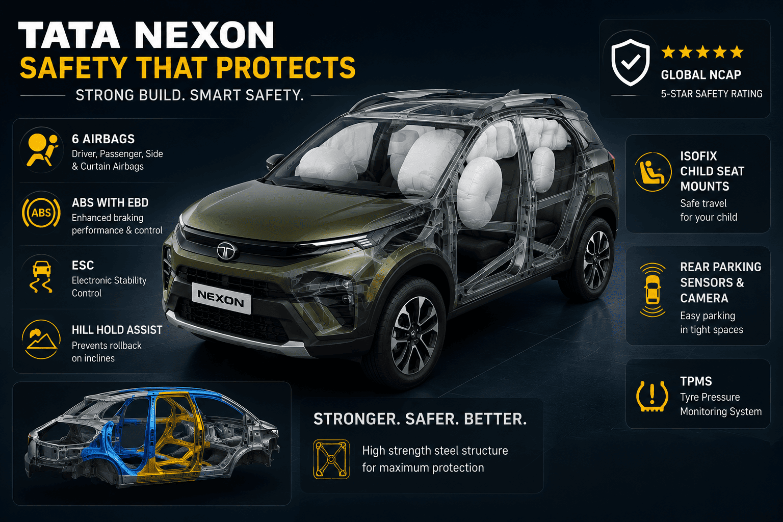 Tata Nexon safety features including airbags and strong body structure