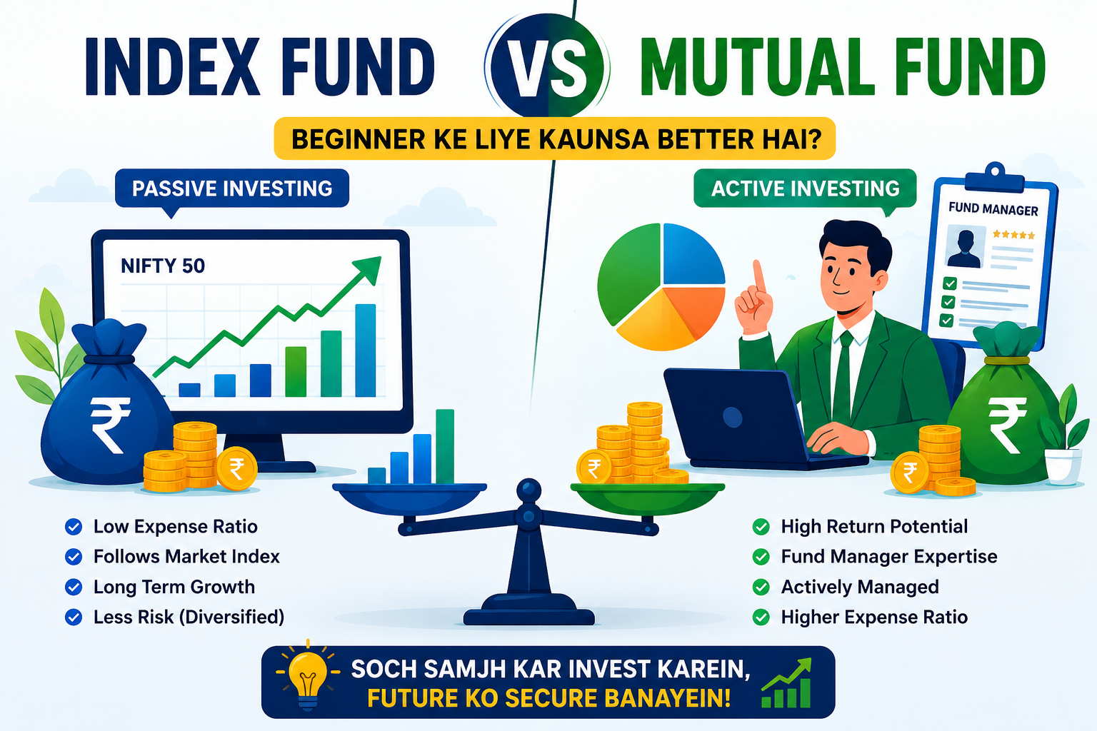 Index Fund vs Mutual Fund: Beginner Ke Liye Kaunsa Better Hai?